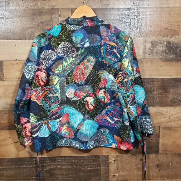 Vintage Chico's silk butterfly print open front blouse w tie accent sleeves sz M - Picture 3 of 10